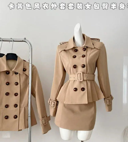 Women New 2024 Spring Autumn Khaki Festival Fashion Temperament Professional Blazer Coat And High Waist Mini Skirt Two Piece Set
