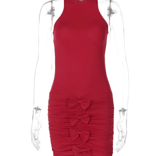Load image into Gallery viewer, Four Bows Ruched Sexy Mini Dress For Women Fashion Solid O Neck Sleeveless Bodycon High Waist Club Dress Elegant

