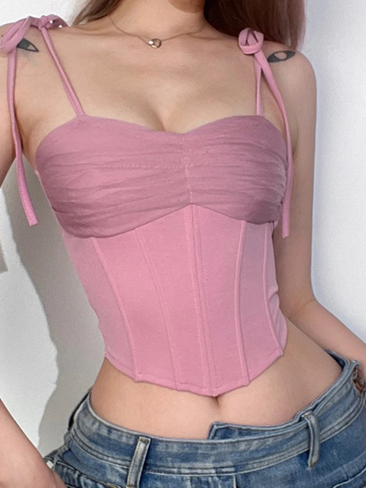 Strappy Mesh Spliced Skinny Y2K Corset Top Pink Backless Sexy Summer Women Crop Tops Sweet Elegant Camisole Clothing