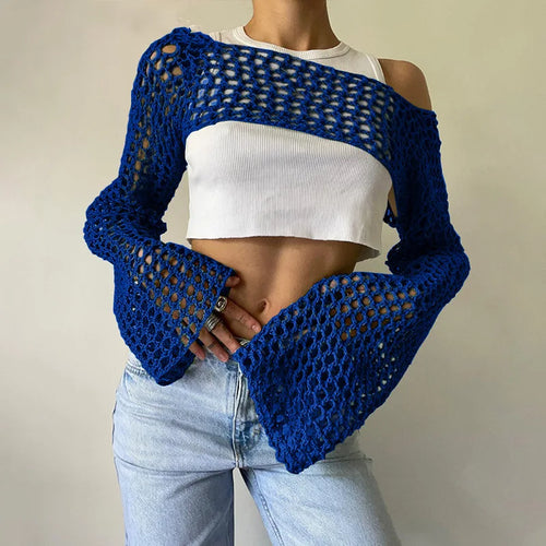 Load image into Gallery viewer, New Harajuku Grunge Solid Slash Neck Women Crop Pullovers Y2k Aesthetic Knitted Sexy Sweaters Streetwear Hollow Out Autumn Tops
