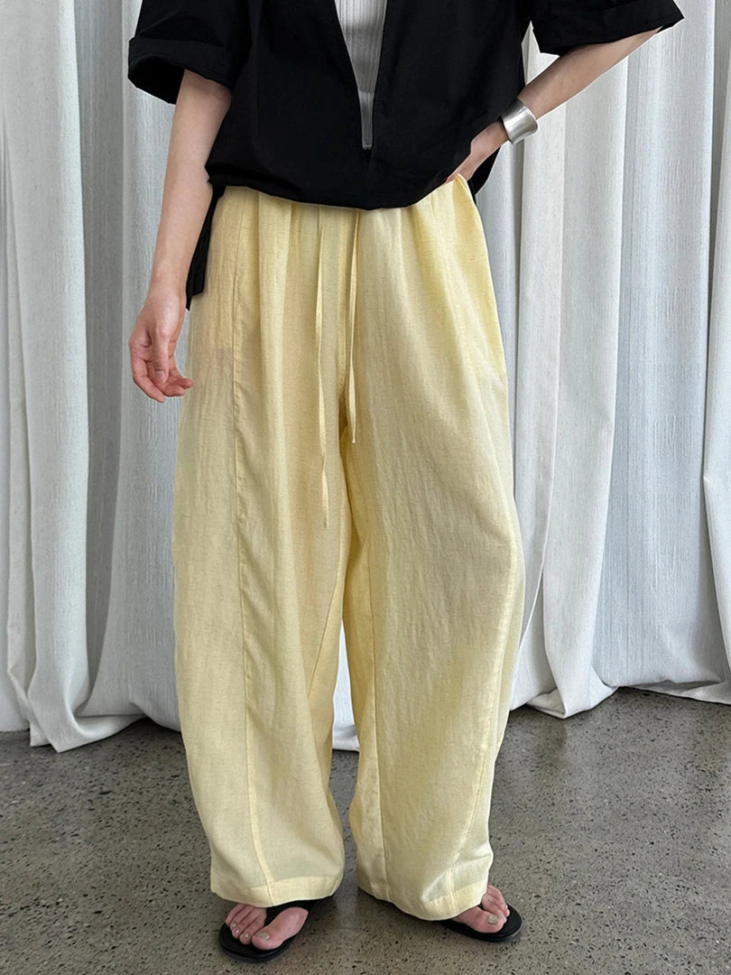 High Elastic Waist Yellow Drawstring Thin Wide Leg Pants New Trousers Women Fashion Tide Spring Autumn 2025 1DJ1547