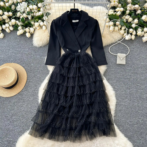 Load image into Gallery viewer, Autumn 2024 New Black Mesh Patchwork Sequin Elegant Long Sleeve Slim Dress Korean Women Khaki Temperament High Waist Cake Dress
