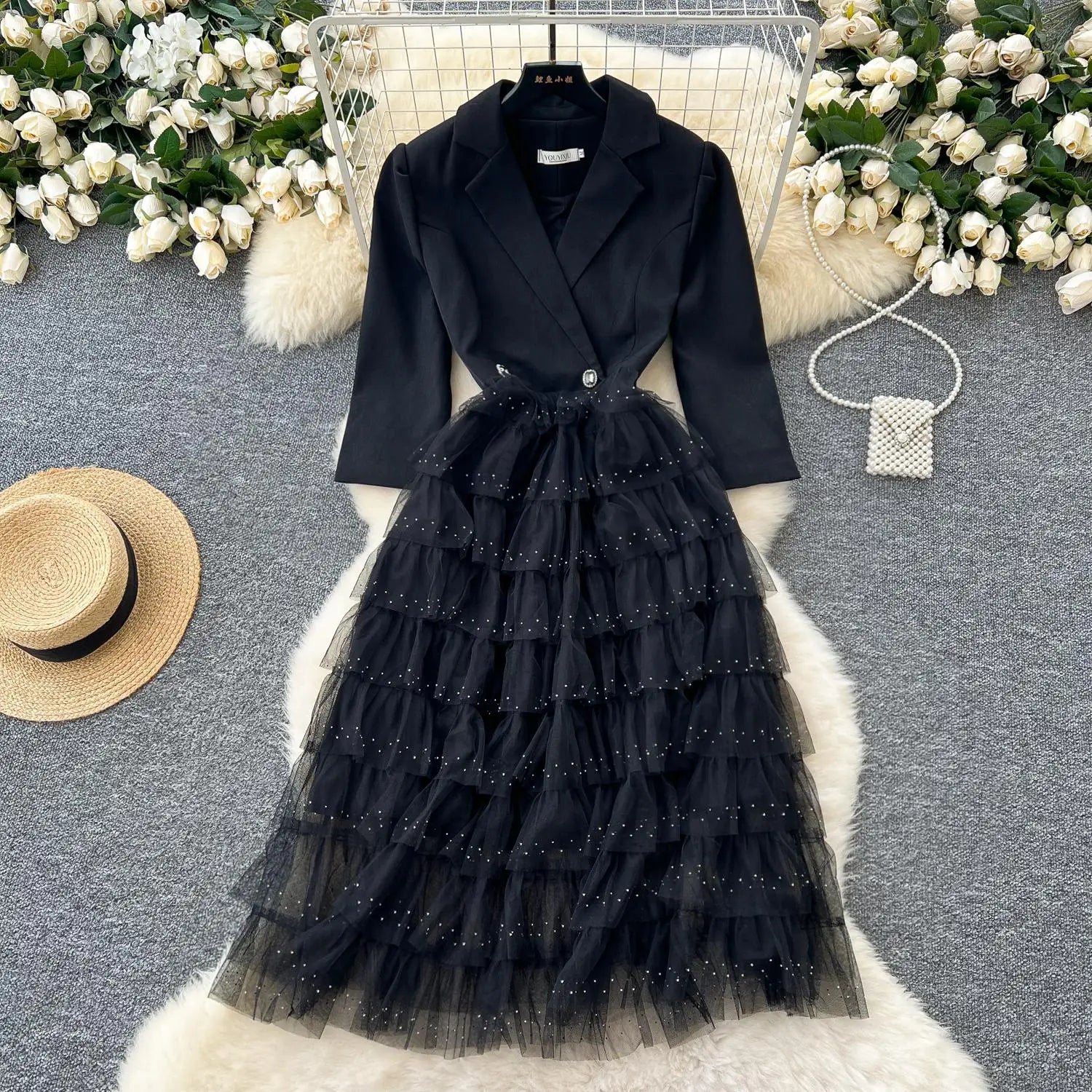 Autumn 2024 New Black Mesh Patchwork Sequin Elegant Long Sleeve Slim Dress Korean Women Khaki Temperament High Waist Cake Dress