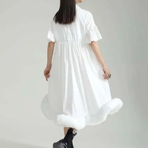 Load image into Gallery viewer, Women White Pleated Hem Ruffles Big Size Shirt Dress New Lapel Short Sleeve Loose Fit Fashion Spring Summer 2025 1DF7190
