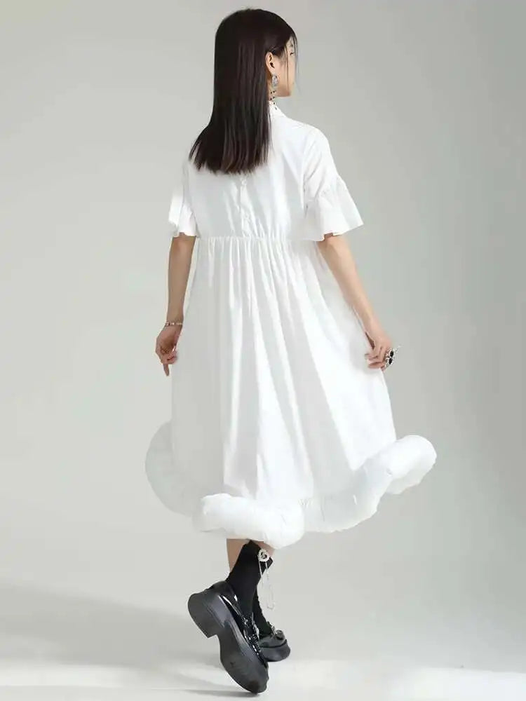 Women White Pleated Hem Ruffles Big Size Shirt Dress New Lapel Short Sleeve Loose Fit Fashion Spring Summer 2025 1DF7190