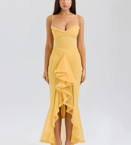 Ruffled Draped Ruched Sexy Maxi Dress For Women Yellow Spaghetti Strap Sleeveless Backless Club Party Sexy Long Dress