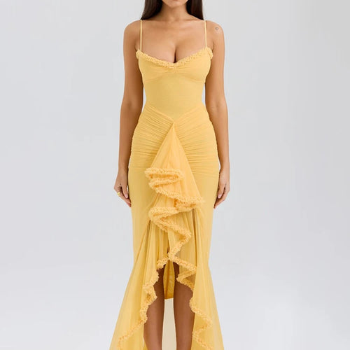 Load image into Gallery viewer, Ruffled Draped Ruched Sexy Maxi Dress For Women Yellow Spaghetti Strap Sleeveless Backless Club Party Sexy Long Dress
