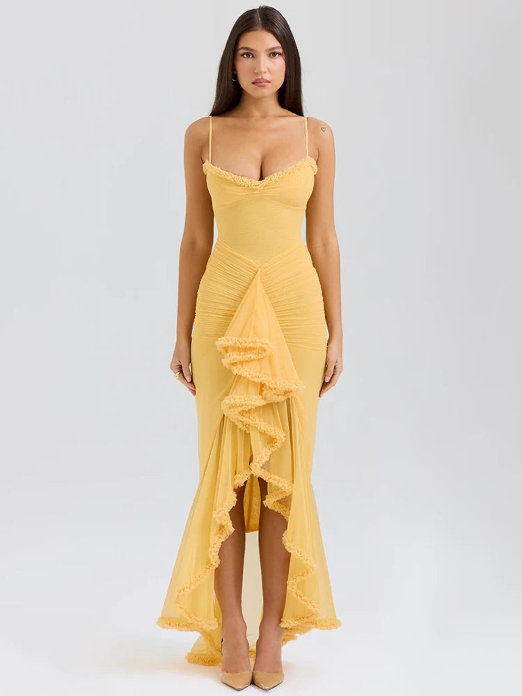 Ruffled Draped Ruched Sexy Maxi Dress For Women Yellow Spaghetti Strap Sleeveless Backless Club Party Sexy Long Dress