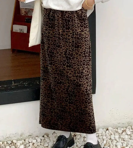 Vintage Ladies Velvet Leopard Print Elastic High Waist Holiday Party Long Skirts Autumn Winter Women Elegant Boho Skirt Popular
