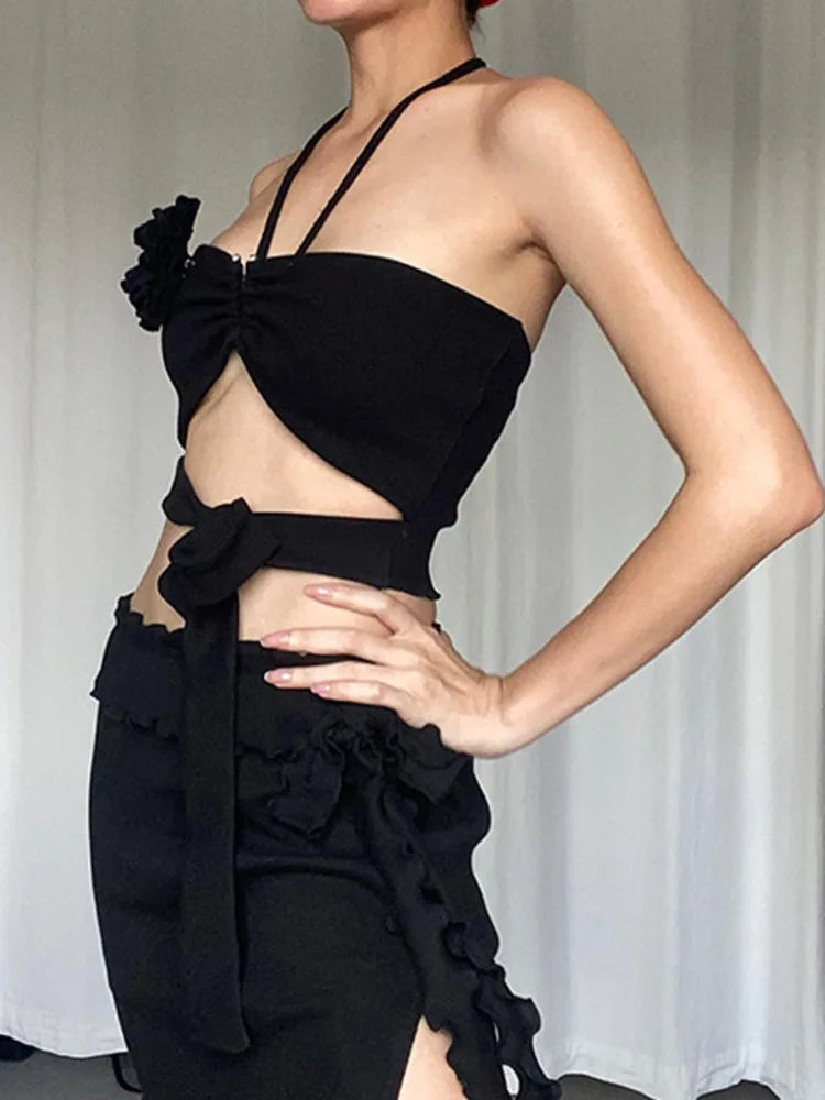 Summer New Sexy Pure Desire Hollow Out Flower Suspended Top Women Lace Up Wrapped Tank Top Female Slim Beachwear