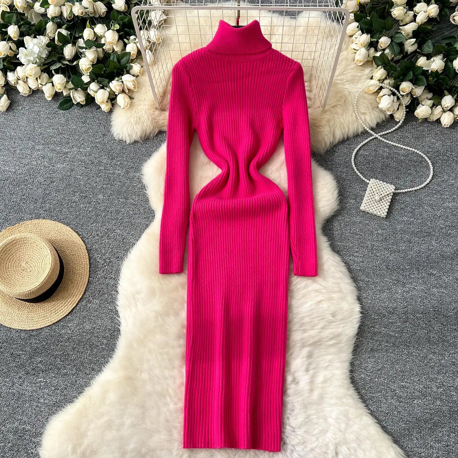 Korean Women Solid High Neck Straight Dresses Autumn Winter Slim Long Sleeve Office Knitted Dress Ladies Simplicity Popular Chic