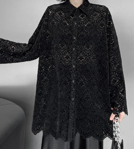 Women Black Lace Hollow Out Big Size Elegant Blouse New Lapel Long Flare Sleeve Shirt Fashion Spring Autumn 2025 1DH9271