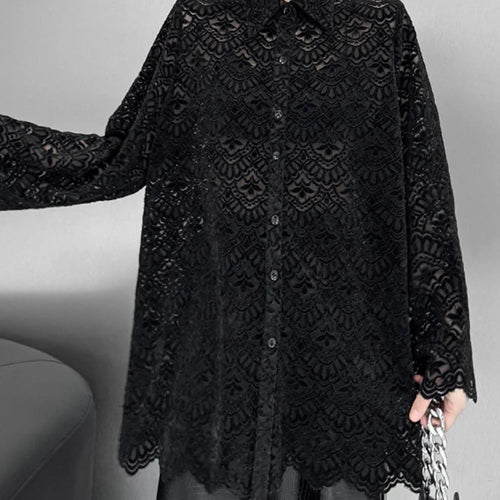 Load image into Gallery viewer, Women Black Lace Hollow Out Big Size Elegant Blouse New Lapel Long Flare Sleeve Shirt Fashion Spring Autumn 2025 1DH9271
