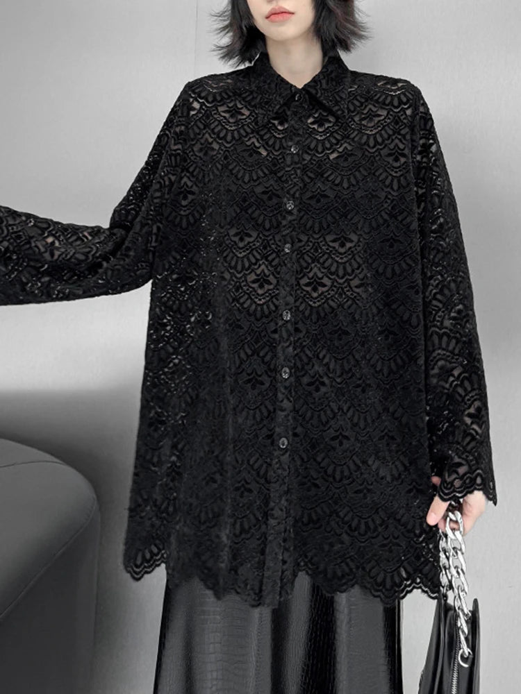 Women Black Lace Hollow Out Big Size Elegant Blouse New Lapel Long Flare Sleeve Shirt Fashion Spring Autumn 2025 1DH9271