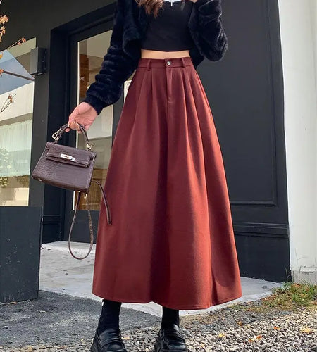 Vintage Black Red Elegant High Waist Woolen Long Skirt Women 2024 Autumn Winter Grey Vacation Party A Line Pleated Skirt Popular