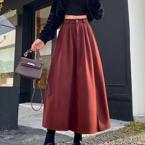 Load image into Gallery viewer, Vintage Black Red Elegant High Waist Woolen Long Skirt Women 2024 Autumn Winter Grey Vacation Party A Line Pleated Skirt Popular
