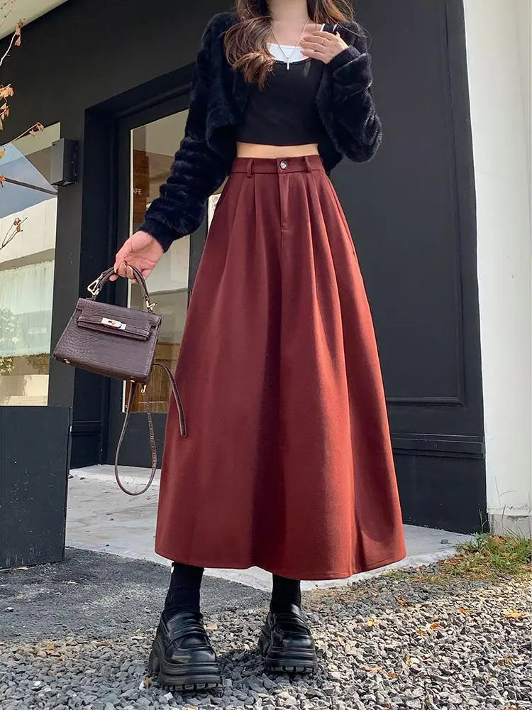 Vintage Black Red Elegant High Waist Woolen Long Skirt Women 2024 Autumn Winter Grey Vacation Party A Line Pleated Skirt Popular