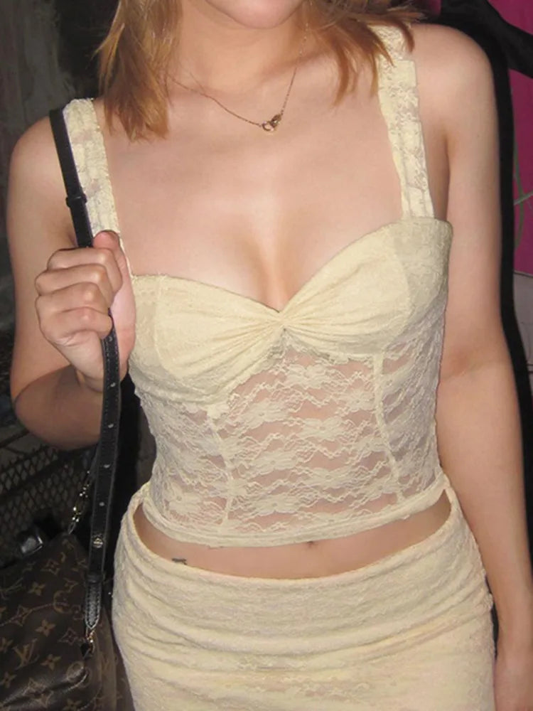 Sexy Lace Perspective Women's Top 2024 Summer New Spicy Girl Camisole Vest French Casual Versatile Lace Tight  Vest