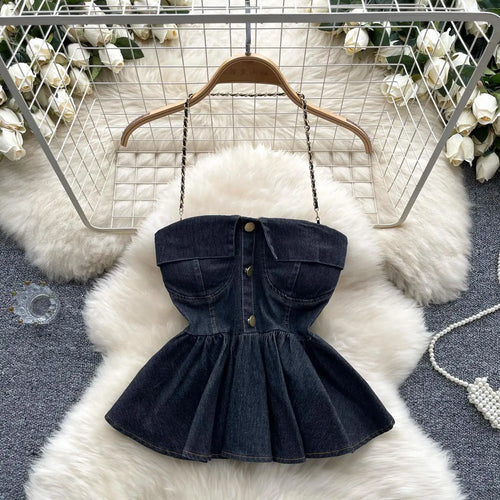 Load image into Gallery viewer, Women Blue Gray Sexy Club Vacation Denim Slim Short Halter Tops Summer Black Backless Ruffle Edge Party Jean Vest Streetwear New
