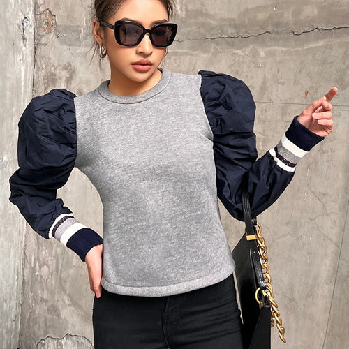 Load image into Gallery viewer, Loose Patchwork Colorblock Sweatshirt For Women Round Neck Puff Sleeve Casual Sweatshirts Female Autumn Clothes New
