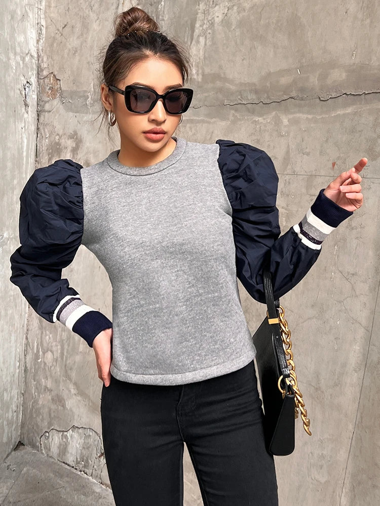 Loose Patchwork Colorblock Sweatshirt For Women Round Neck Puff Sleeve Casual Sweatshirts Female Autumn Clothes New