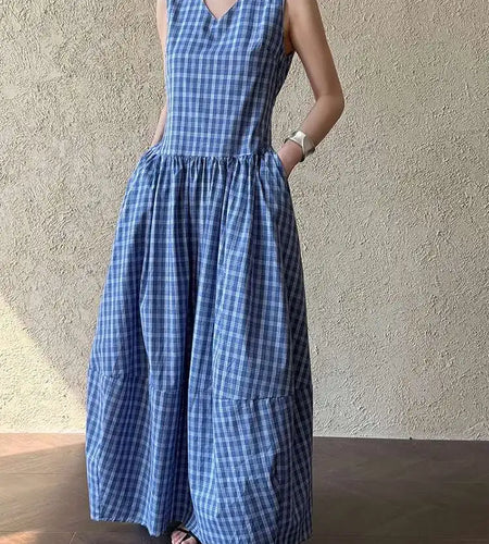 Women Dark Blue Plaid Pocket Vintage Long Elegant Vest Dress New V-Neck Sleeveless Fashion Tide Spring Summer 2025 1DJ0667