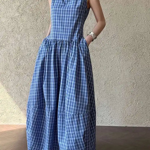 Load image into Gallery viewer, Women Dark Blue Plaid Pocket Vintage Long Elegant Vest Dress New V-Neck Sleeveless Fashion Tide Spring Summer 2025 1DJ0667
