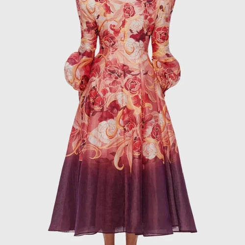 Load image into Gallery viewer, Vintage Hit Color Floral Printing Dresses For Women V Neck Lantern Sleeve High Waist Temperament Formal Dress Female Style
