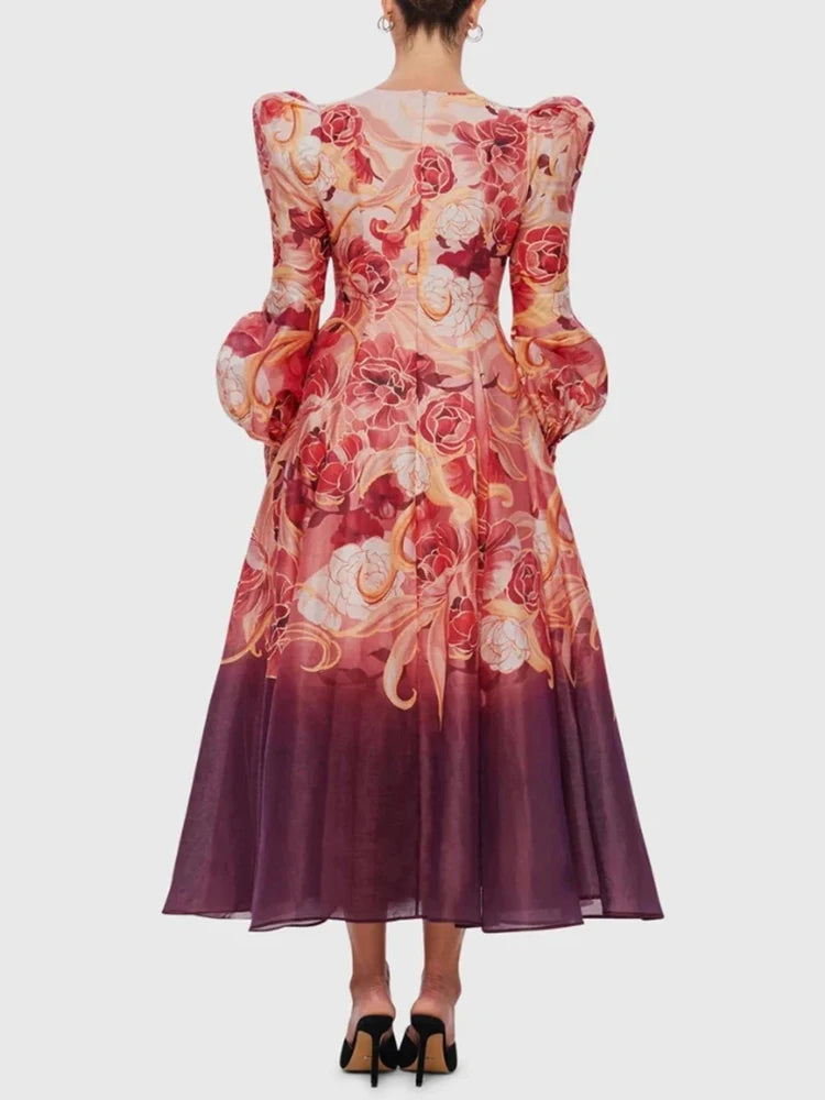 Vintage Hit Color Floral Printing Dresses For Women V Neck Lantern Sleeve High Waist Temperament Formal Dress Female Style