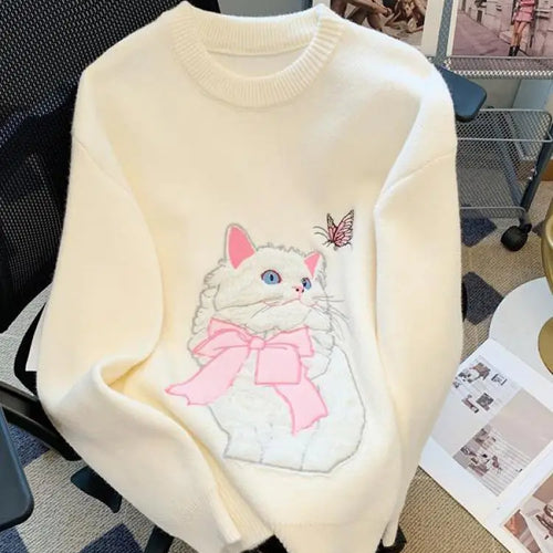 Load image into Gallery viewer, French Women's Print Cute Cat Pattern Long Sleeve Round Neck Sweater Autumn Winter Elegant Festival Knitted Thick Pullover Tops

