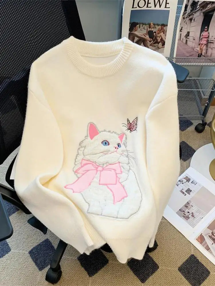 French Women's Print Cute Cat Pattern Long Sleeve Round Neck Sweater Autumn Winter Elegant Festival Knitted Thick Pullover Tops