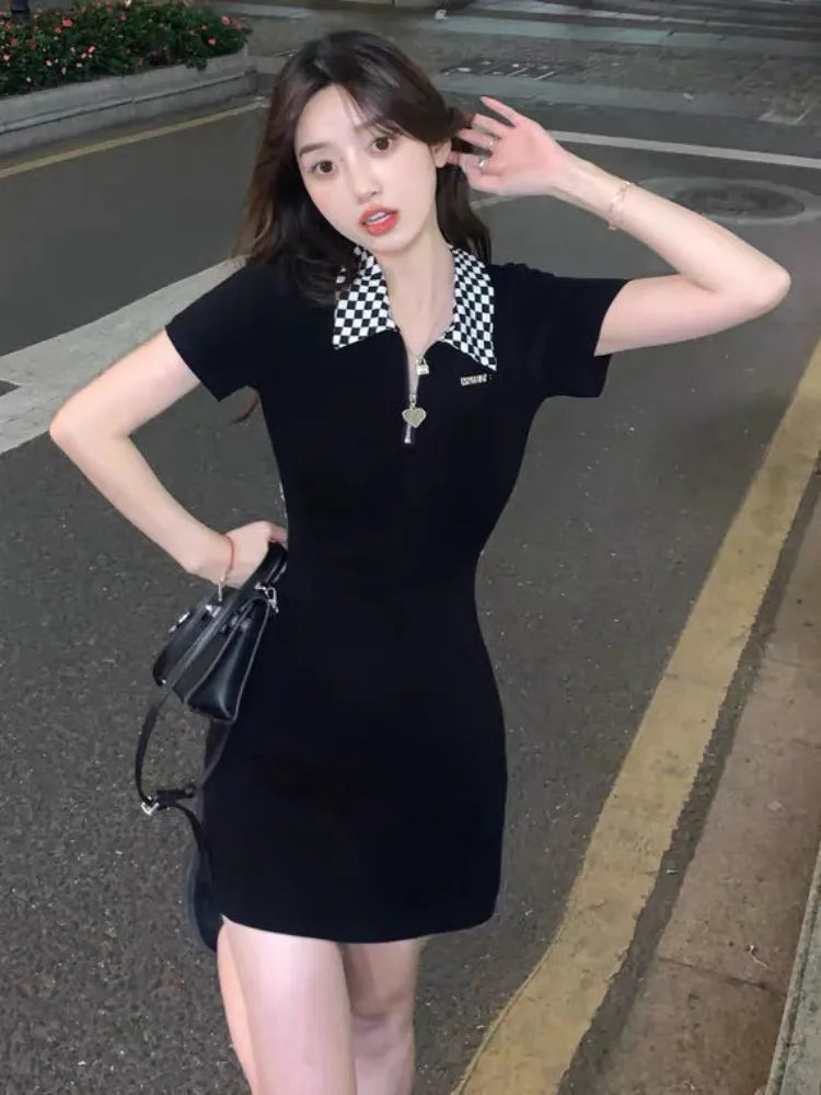 Korean Black Plaid Dress Women Kpop Polo Collar Bodycon Wrap Mini Short Dresses Fashion Sheath Slim Outfits