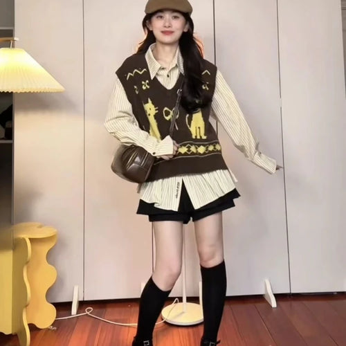 Load image into Gallery viewer, Preppy Style Sleeveless Sweater Vest Casual Vintage V-neck Pullovers Y2k Aesthetic Women Streetwear Cartoon Knitwear Waistcoat
