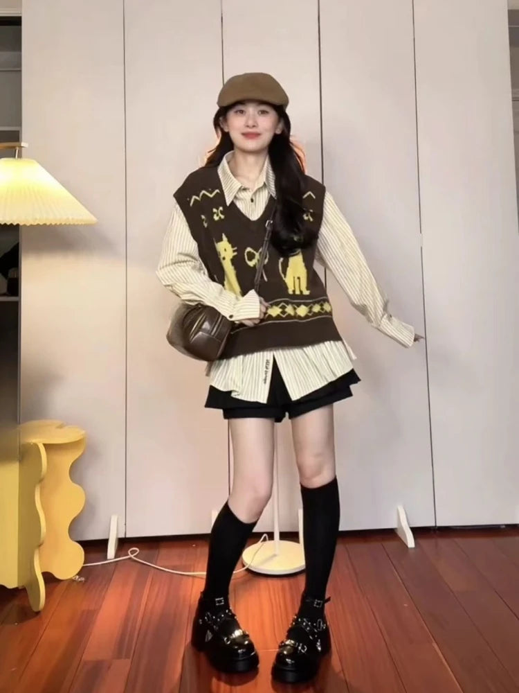 Preppy Style Sleeveless Sweater Vest Casual Vintage V-neck Pullovers Y2k Aesthetic Women Streetwear Cartoon Knitwear Waistcoat