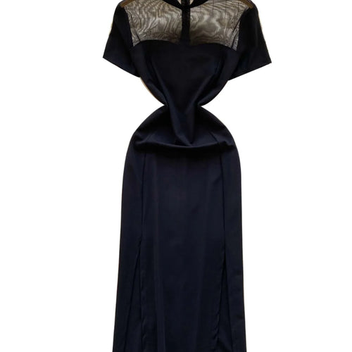 Load image into Gallery viewer, French Retro 2025 Summer New Black Patchwork Mesh Elegant Short Sleeves Dress Women Chinese Style Slim Evening Party Split Dress
