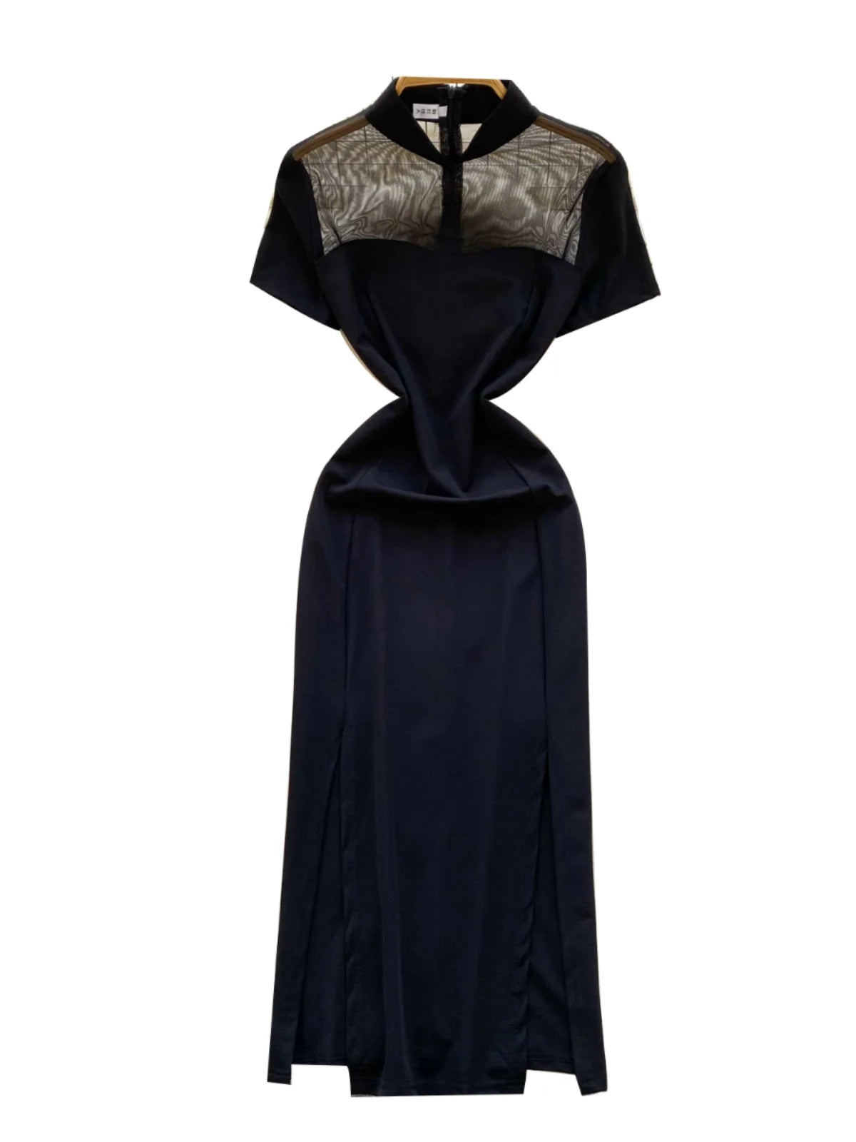 French Retro 2025 Summer New Black Patchwork Mesh Elegant Short Sleeves Dress Women Chinese Style Slim Evening Party Split Dress