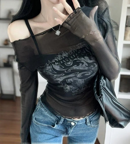 Gothic Tops y2k Clothes Women Graphic Print Off Shoulder Long Sleeve Mesh T Shirts Cyber Grunge Clothing Streetwear