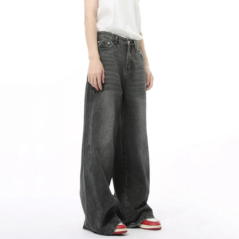 Autumn Men's Denim Pants Solid Color Korean Style Washing Straight Wide Leg Male Casual Mopping Trousers Autumn 9C8977