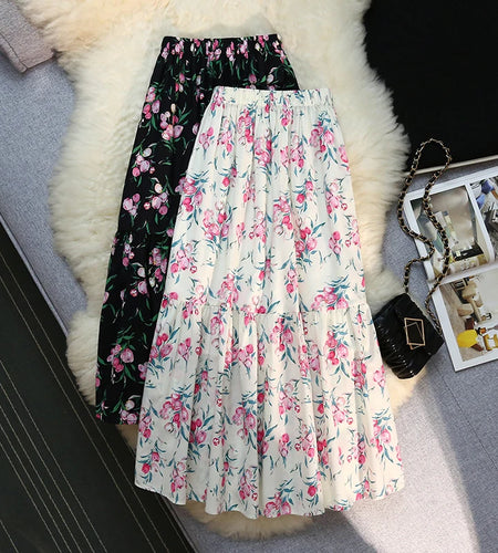 Vintage Floral Print A-line Pleated Long Skirts Summer Women 2023 Casual Skirt Streetwear Elastic Waist Midi Skirt