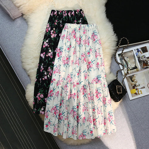 Load image into Gallery viewer, Vintage Floral Print A-line Pleated Long Skirts Summer Women 2023 Casual Skirt Streetwear Elastic Waist Midi Skirt
