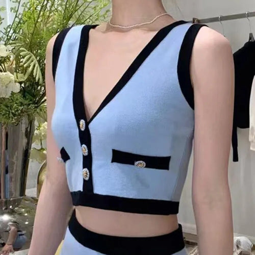 Load image into Gallery viewer, Hit Color Tank Tops For Women V Neck Sleeveless Patchwork Button Summer Vest Female Fashion Style Clothing
