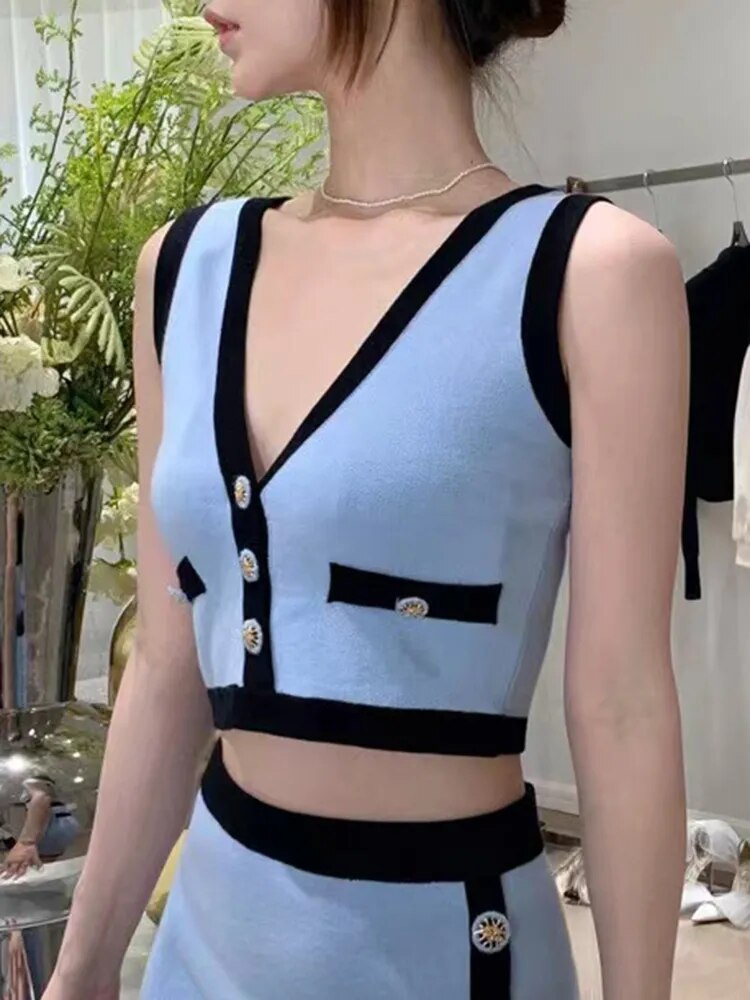 Hit Color Tank Tops For Women V Neck Sleeveless Patchwork Button Summer Vest Female Fashion Style Clothing