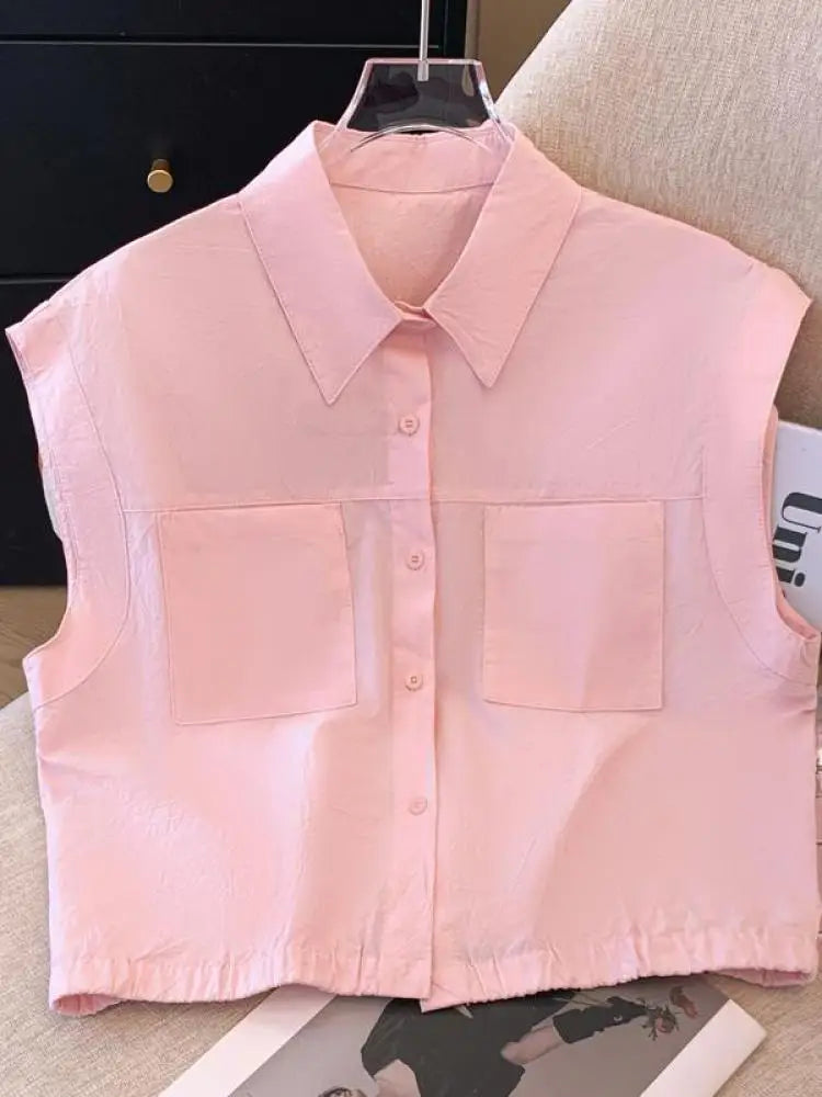 Summer New Korean Fashion White Pink Ladies Single Breasted Vest Shirt Women Yellow Sleeveless Streetwear Short Tank Tops Simple