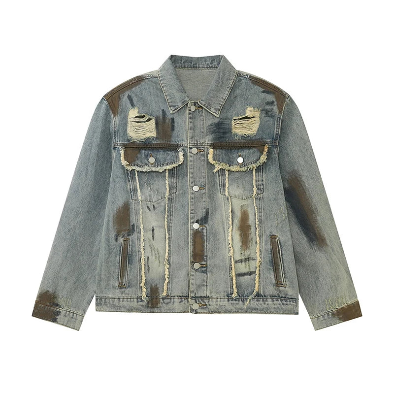 Niche Design Men's Two-piece Lapel Holes Contrast Color Single Breasted Denim Jackets Casual Straight Leg Male Jeans 9W1837