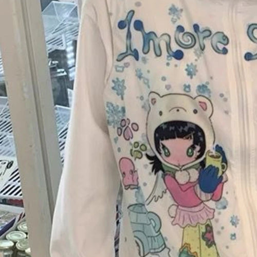 Load image into Gallery viewer, Y2k Aesthetic Cartoon Print Vest Hooded Coats Women Harajuku Casual Sleeveless Jacket Streetwear Drawstring Kawaii Cute Tops
