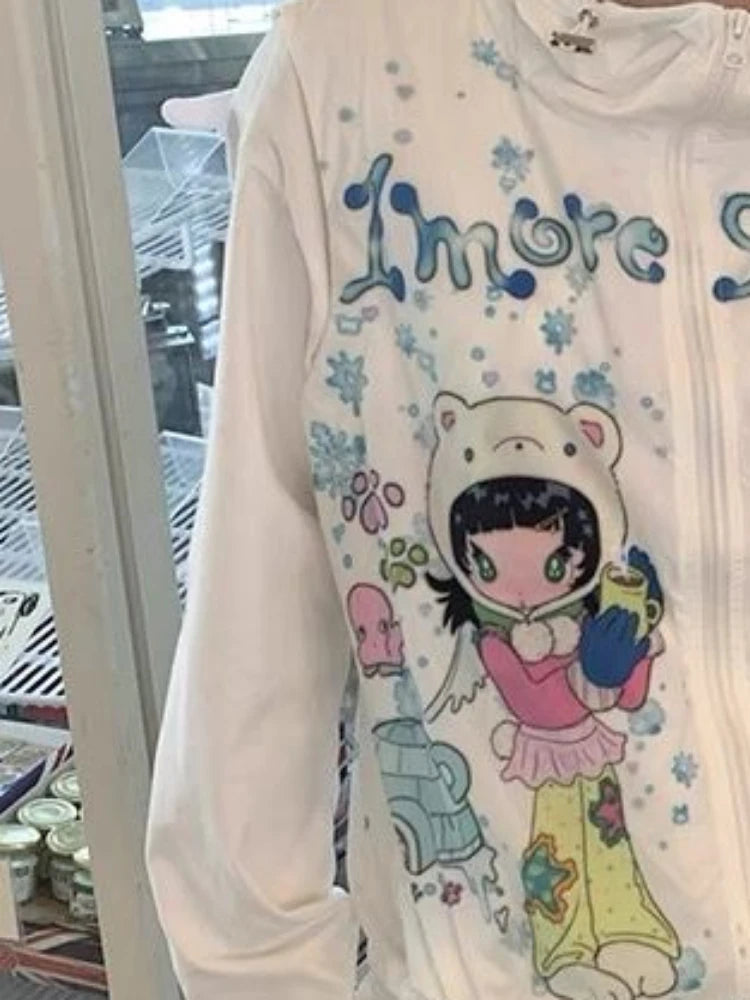 Y2k Aesthetic Cartoon Print Vest Hooded Coats Women Harajuku Casual Sleeveless Jacket Streetwear Drawstring Kawaii Cute Tops