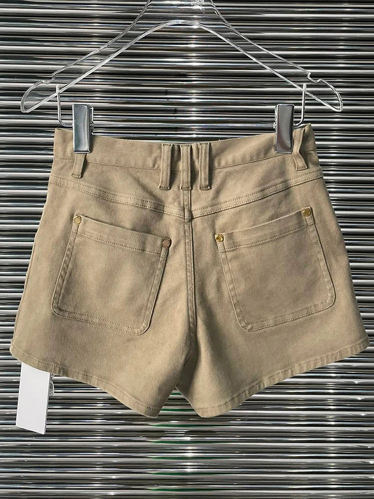 Casual Khaki Women's Summer Shorts High Waist Dual Pocket Straight Solid Short Pants Female Summer Clothing Fashion