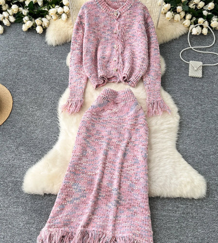 Autumn Winter Women Sweet Colorful Elegant Long Sleeves Slim Sweater Knit Top And High Waist Tassel Skirt 2024 New Two Piece Set