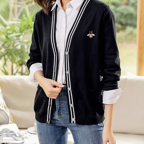 Load image into Gallery viewer, European Style Spring Autumn Women Bee Embroidery Sweater Elegant V-neck Knitted Loose Striped Long Sleeve Cardigan  C-103
