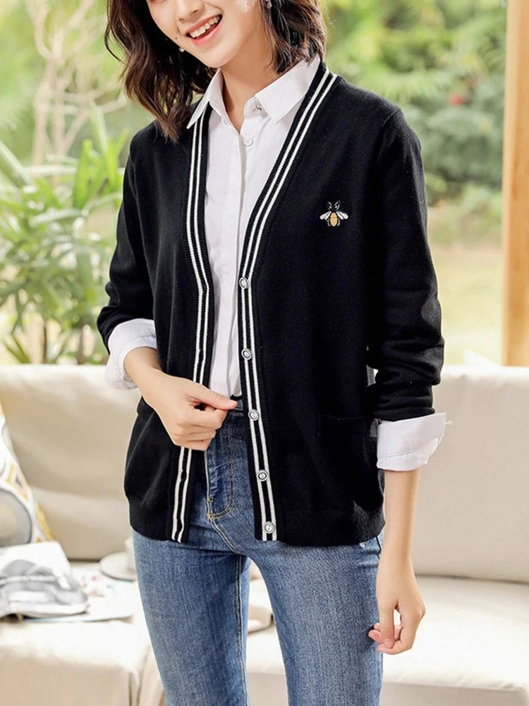European Style Spring Autumn Women Bee Embroidery Sweater Elegant V-neck Knitted Loose Striped Long Sleeve Cardigan  C-103